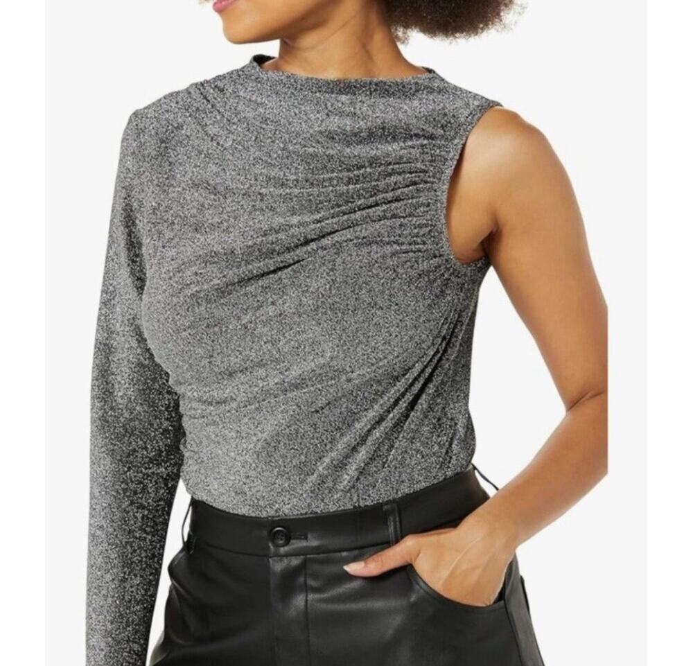 TEREA By Andrea Pitter Emiliana Silver One Shoulder Metallic Ruched Top Size 3X
